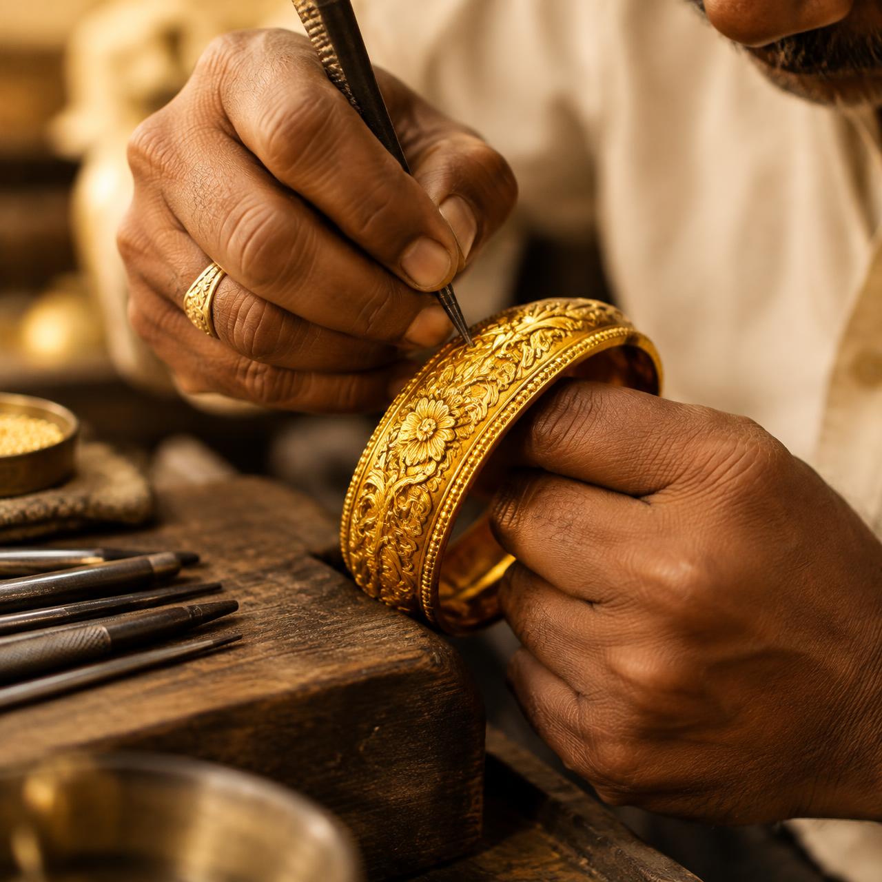 An artisan hand-engraving a gold bangle